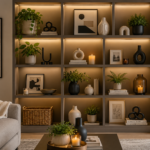 Modern bookshelf styled without books using plants, vases, candles, artwork, and decorative accessories in a cozy living room.