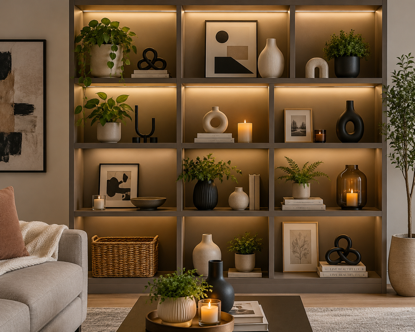 Modern bookshelf styled without books using plants, vases, candles, artwork, and decorative accessories in a cozy living room.